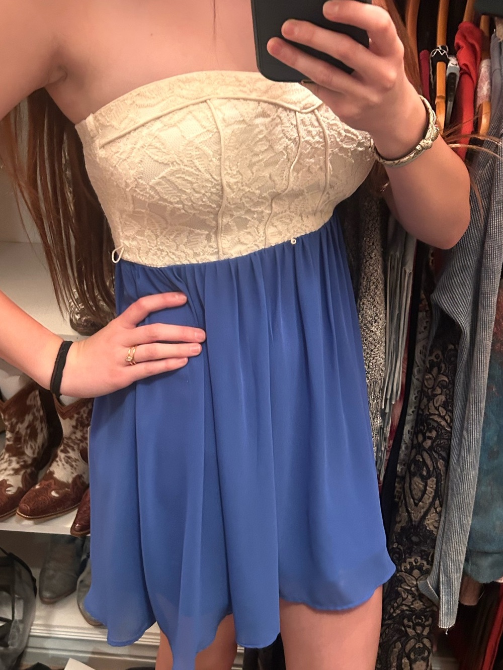 My Michelle Strapless Lace Bodice Dress in Cream & Royal Blue